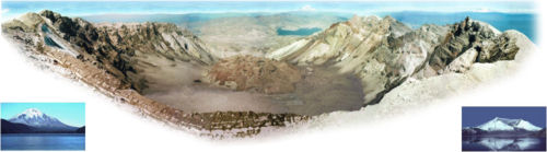 Вулкан Сент-Хеленс. Слева фотография конуса до извержения 1980 года, в центре вид кратера вулкана после извержения, справа вид конуса после извержения.